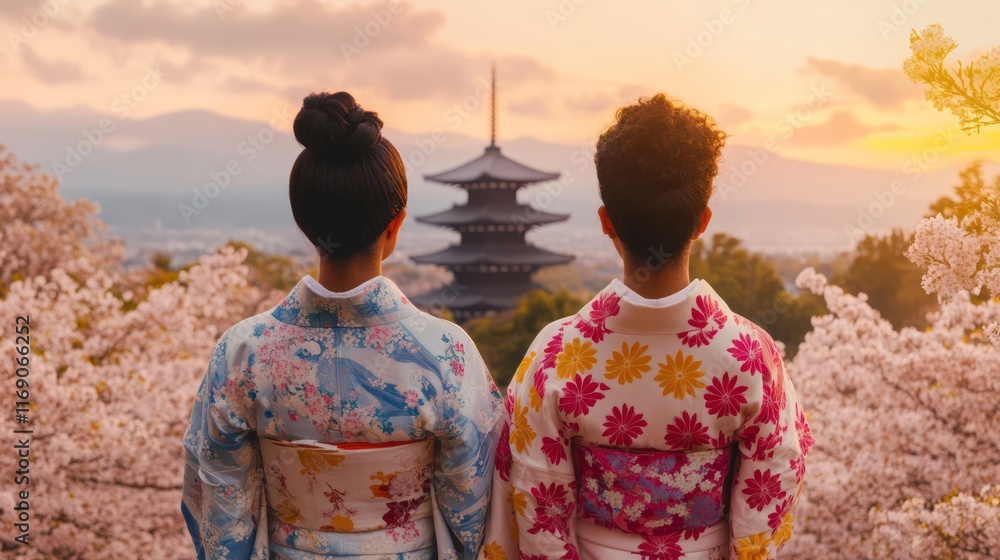 Two Women in Traditional Kimono Admiring Cherry Blossoms at Dusk with Historical Pagoda in Background in Gorgeous Scenic Landscape Two Women in Traditional Kimono Admiring Cherry Blossoms at Dusk with Historical Pagoda in Background in Gorgeous Scenic Landscape