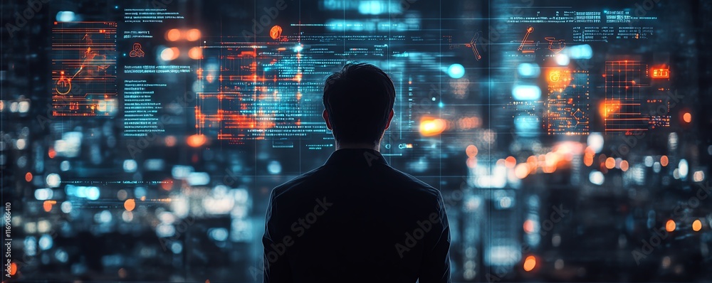 A businessman planning for growth, focusing on increasing positive indicators and business success, with digital graphs and development charts in a corporate workspace A businessman planning for growth, focusing on increasing positive indicators and business success, with digital graphs and development charts in a corporate workspace