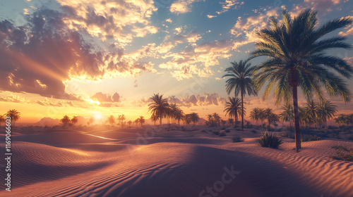 Majestic sunset over a tranquil desert landscape with palm trees