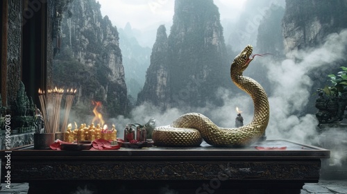 Serene Mountain Temple with Golden Snake Statue photo