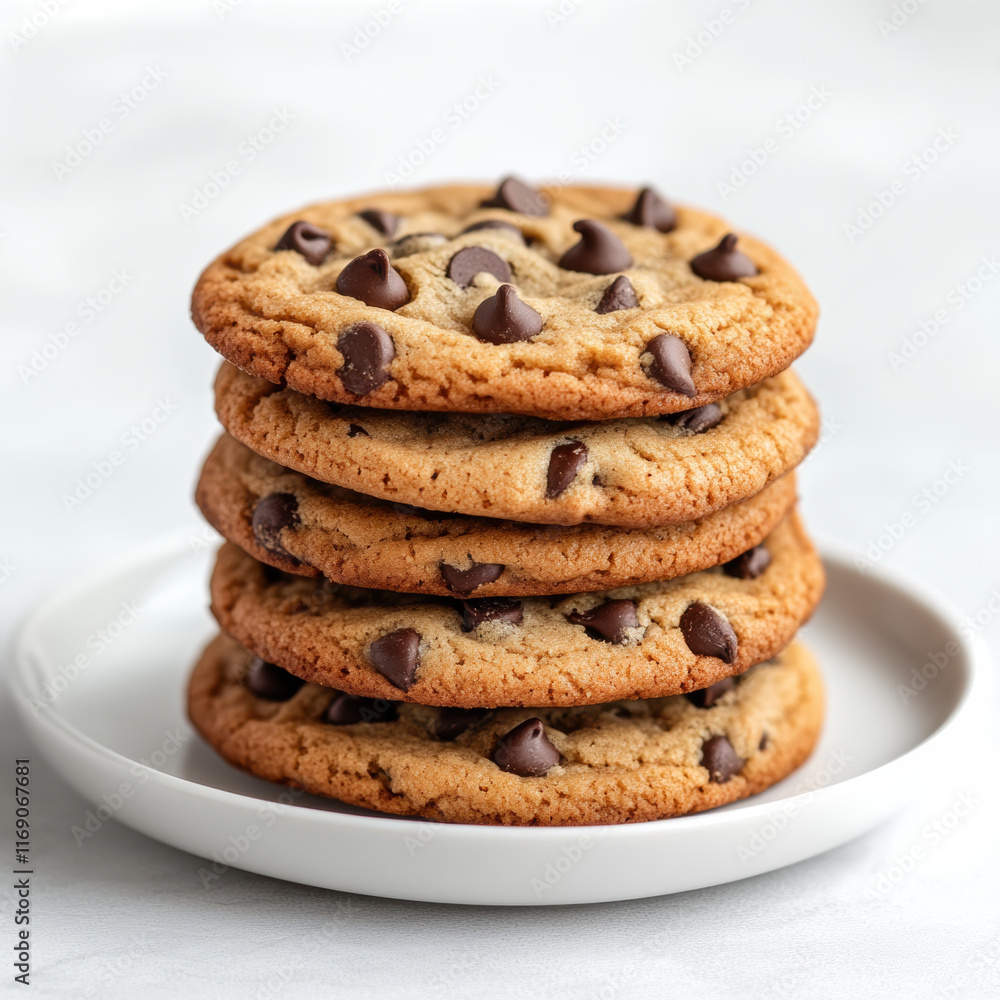 Delicious cho te chip cookies stacked on white plate, showcasing their golden brown color and rich cho te chips. Perfect for dessert or sweet snack Delicious cho te chip cookies stacked on white plate, showcasing their golden brown color and rich cho te chips. Perfect for dessert or sweet snack