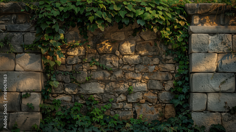 Sunlight casts a warm glow on a weathered stone wall adorned with vibrant ivy. The interplay of light and shadows creates a serene ambiance in a peaceful outdoor space. Sunlight casts a warm glow on a weathered stone wall adorned with vibrant ivy. The interplay of light and shadows creates a serene ambiance in a peaceful outdoor space.