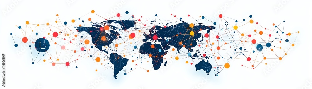Fototapeta premium A modern global business network design with interconnected digital nodes and lines, representing corporate communication, technology, and social media connections on a digital map