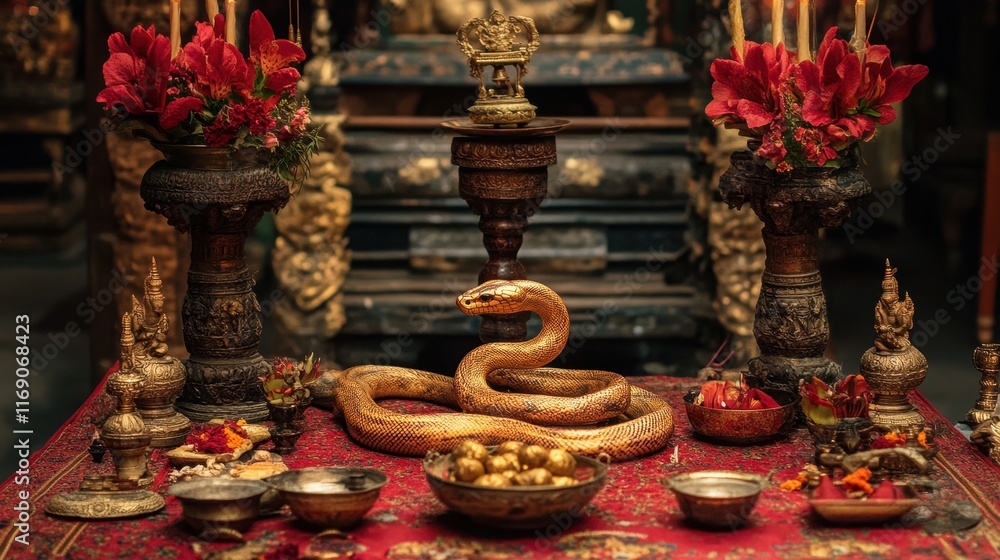 Fototapeta premium Serene Temple Altar with Coiled Snake and Flowers