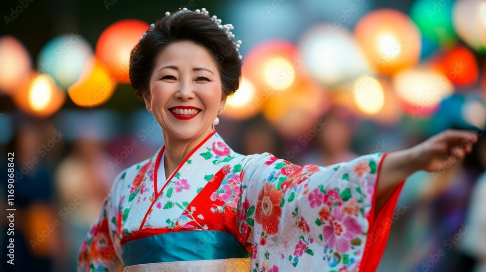 Joyful Japanese Woman in Traditional Kimono Celebrating Festival with Colorful Lanterns in Background, Capturing Vibrant Cultural Heritage and Festive Spirits Joyful Japanese Woman in Traditional Kimono Celebrating Festival with Colorful Lanterns in Background, Capturing Vibrant Cultural Heritage and Festive Spirits