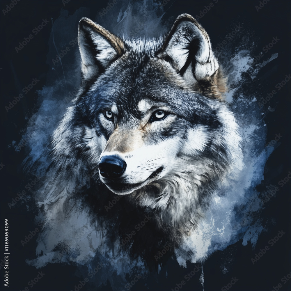 Fototapeta premium Wolf illustration with bright eyes on a dark background in watercolor style