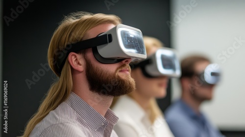 Group of Young Adults Engaging in Virtual Reality Experience with Headsets in Modern Office Environment, Exploring Innovative Technology and Digital Interaction