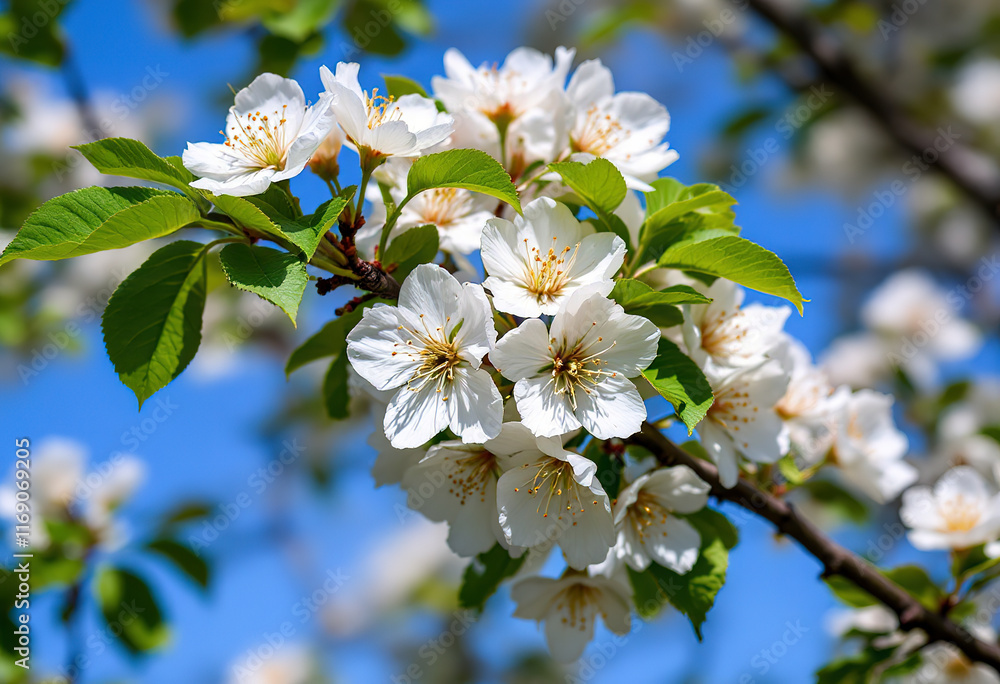 White flowers blooming on a tree branch with green leaves against a blue sky background White flowers blooming on a tree branch with green leaves against a blue sky background