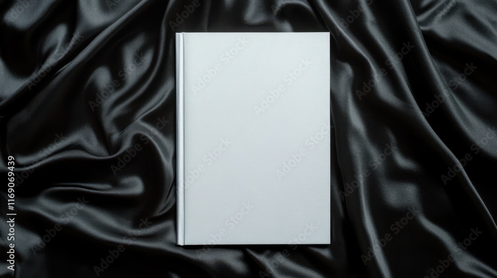 Top view of a blank white book cover on black silk background Top view of a blank white book cover on black silk background