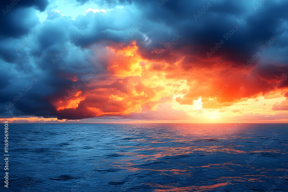 Fototapeta premium Fiery sunset over dramatic ocean waves and stormy clouds.