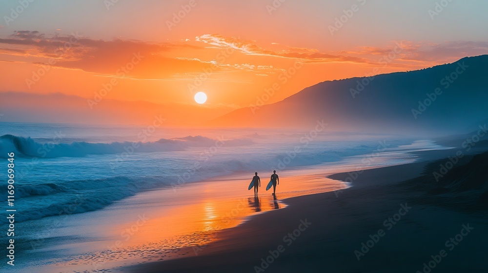 Surfers prepping dawn a secluded beach waves in the background Surfers prepping dawn a secluded beach waves in the background