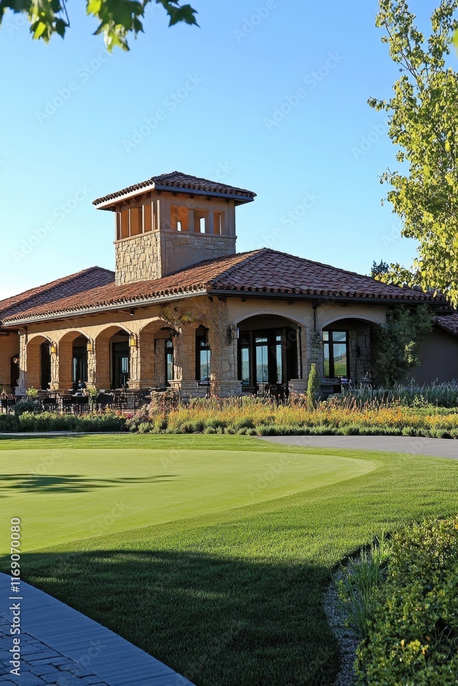 Beautiful Mediterranean-style building surrounded by lush greenery at sunset in a serene location Beautiful Mediterranean-style building surrounded by lush greenery at sunset in a serene location
