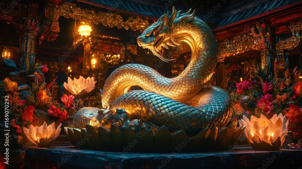 Fototapeta premium Golden Snake Statue at Temple Entrance