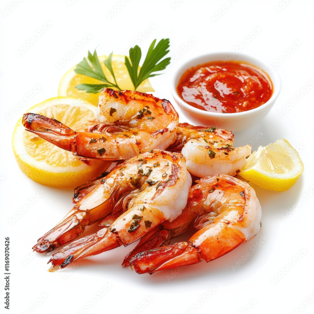 Grilled shrimp served with lemon slices and dipping sauce, garnished with parsley, offers delicious seafood dish perfect for any occasion Grilled shrimp served with lemon slices and dipping sauce, garnished with parsley, offers delicious seafood dish perfect for any occasion