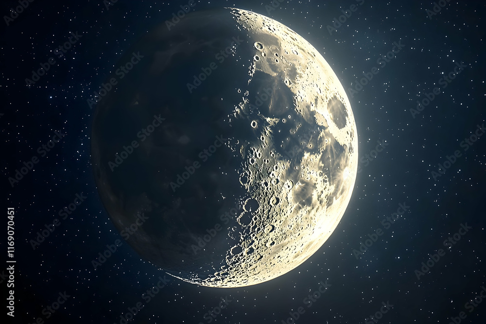 Fototapeta premium Half moon, illuminated craters, starry night sky.