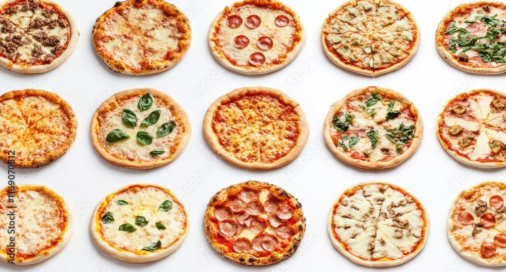Assorted Delicious Pizzas Displayed in a Neat Arrangement on a White Background Featuring Various Toppings and Styles for Culinary Inspiration and Food Photography Assorted Delicious Pizzas Displayed in a Neat Arrangement on a White Background Featuring Various Toppings and Styles for Culinary Inspiration and Food Photography