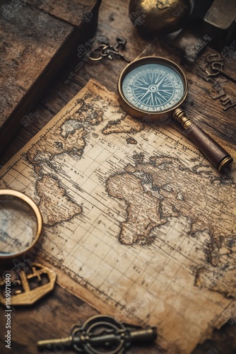 A detailed close-up of a vintage world map laid out on an old wooden table. Surrounding elements include a compass, magnifying glass, and antique keys. Warm sepia tones create a nostalgic atmosphere.
