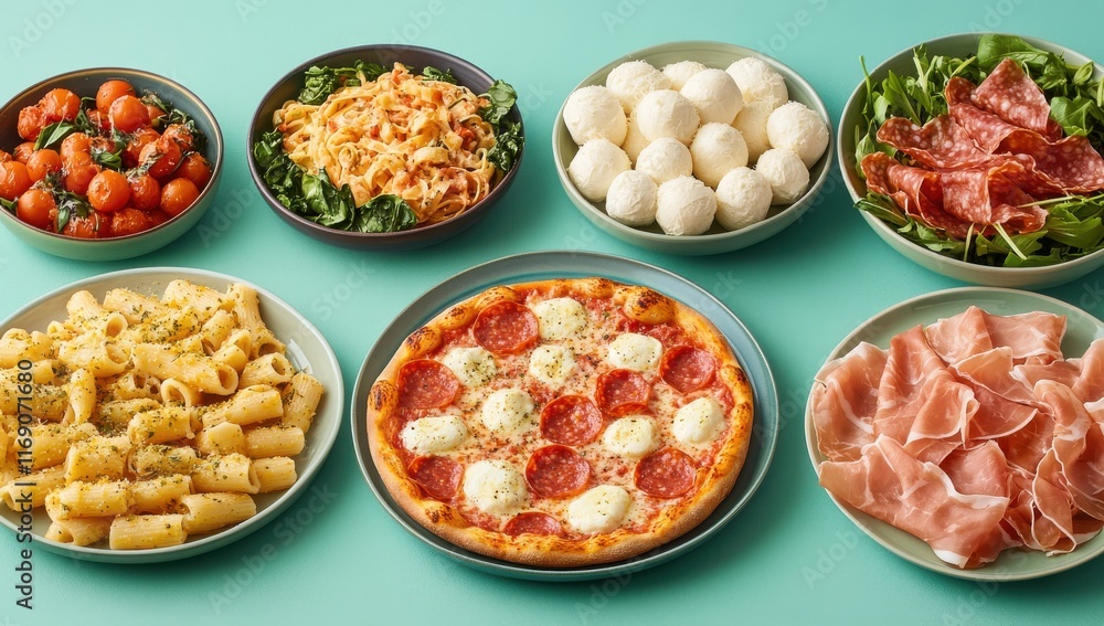 Assorted Italian Dishes Featuring Pizza, Pasta, Salads, Meats, and Fresh Ingredients Arranged on Colorful Background for Culinary Inspiration Assorted Italian Dishes Featuring Pizza, Pasta, Salads, Meats, and Fresh Ingredients Arranged on Colorful Background for Culinary Inspiration