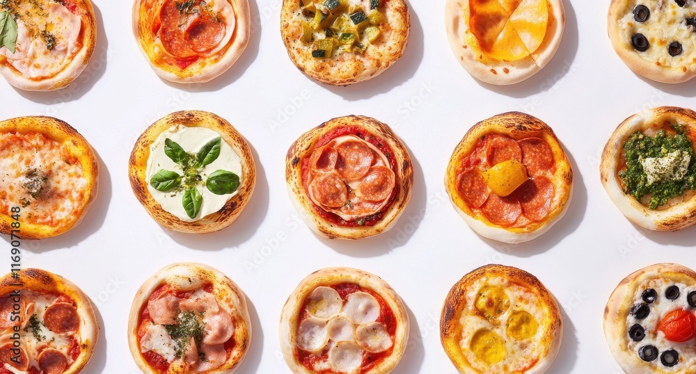 Assorted Mini Pizzas with Various Toppings on a Bright White Background Ideal for Food Photography, Culinary Art, and Menu Design Assorted Mini Pizzas with Various Toppings on a Bright White Background Ideal for Food Photography, Culinary Art, and Menu Design