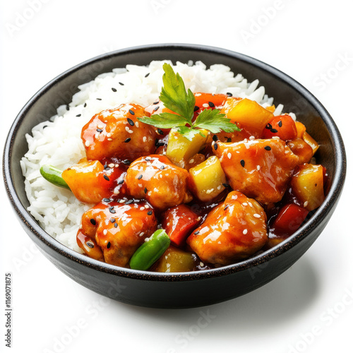 Delicious sweet and sour chicken served with rice and vegetables, garnished with herbs. colorful and appetizing dish perfect for any meal