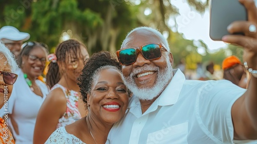 Fototapeta Naklejka Na Ścianę i Meble -  Happy senior couple taking a selfie with family