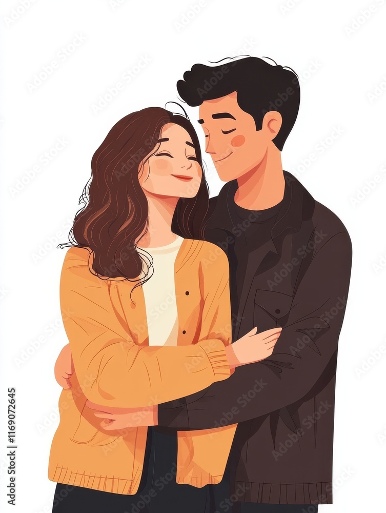 Obraz premium Romantic couple lovers vector illustration, Happy young male female couple together, wife and husband loving relationships. Flat design illustration isolated on white background