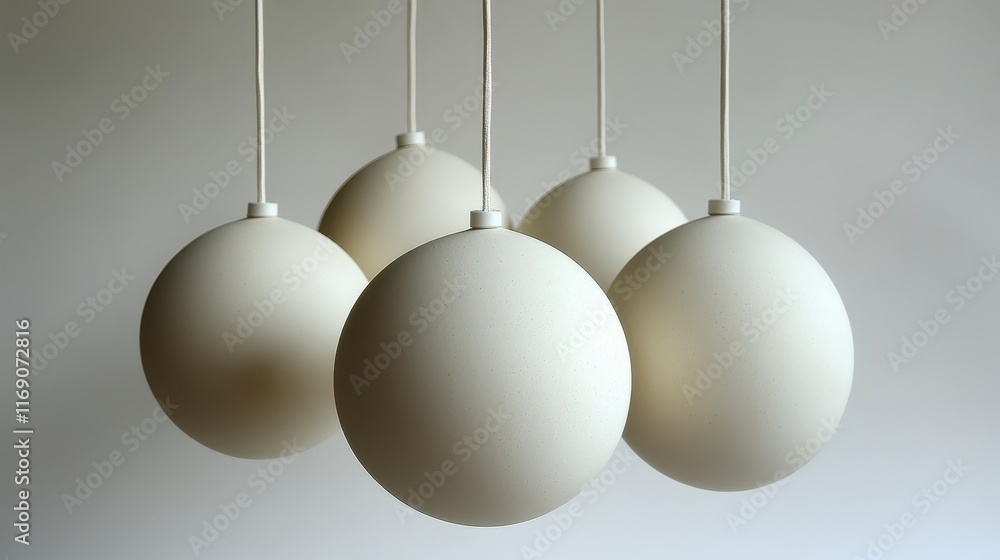 Four off-white egg-shaped objects hanging. Four off-white egg-shaped objects hanging.