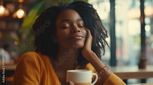 Carefree african american woman sitting in cafeteria drinking coffee while looking away. Black young woman drinking tea while thinking. Smiling girl relaxing and thinking while drinking cappuccino.