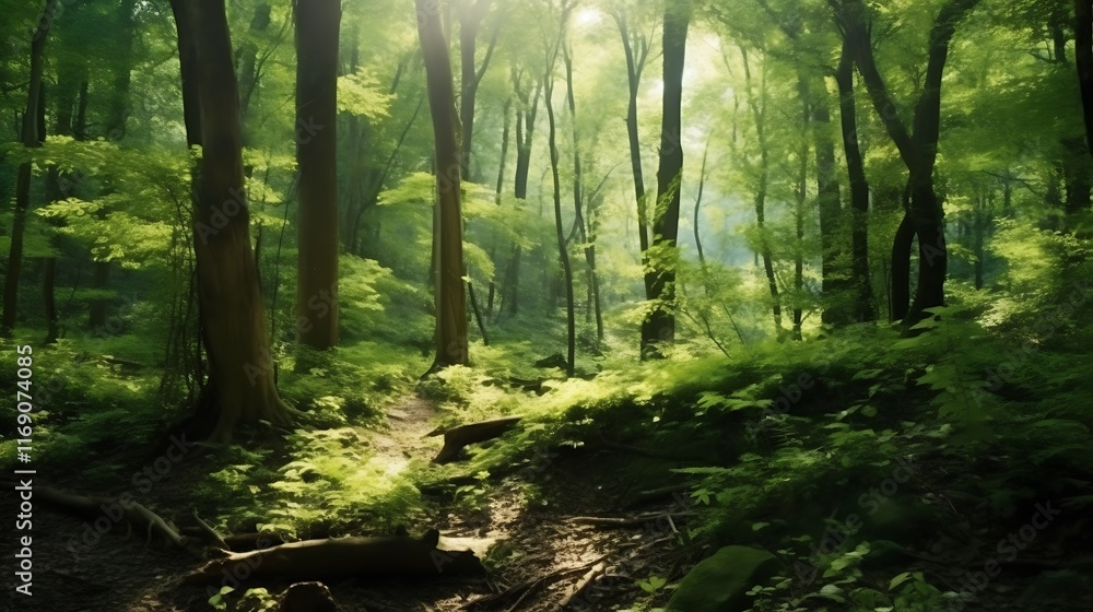 Obraz premium Sunlit Path Through Lush Green Forest Canopy