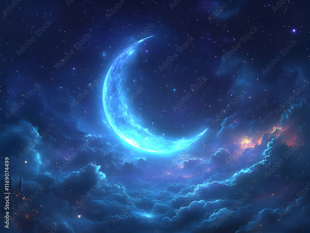 Obraz premium Glowing crescent moon in a night sky filled with stars and clouds.
