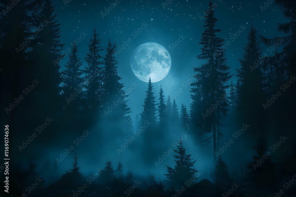 Naklejka premium Full moon illuminating a misty forest at night.
