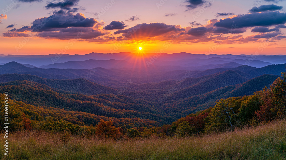Fototapeta premium Majestic sunset over vast Appalachian mountain range in early autumn