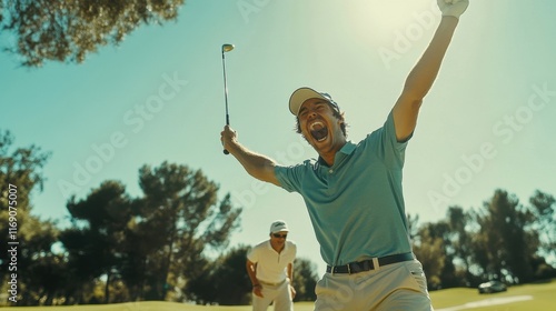 Excited golfer celebrating a successful shot on a sunny day at the golf course