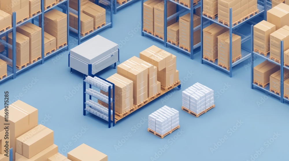Aerial View of a Neatly Organized Warehouse Interior with Cardboard Boxes and Pallets on Shelves Highlighting Efficient Storage Solutions and Logistics Management Aerial View of a Neatly Organized Warehouse Interior with Cardboard Boxes and Pallets on Shelves Highlighting Efficient Storage Solutions and Logistics Management