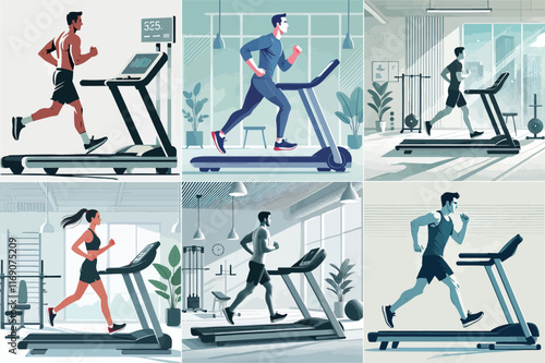 Someone is exercising by running on a treadmill with a gym background, with a minimalist flat design stayle 