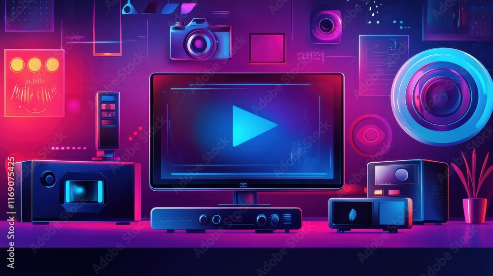 Fototapeta premium Watch TV abstract concept vector illustration set. UHD smart TV, smart TV box, 4k video content, home entertainment movie theatre, online video service, leisure time, television abstract metaphor.