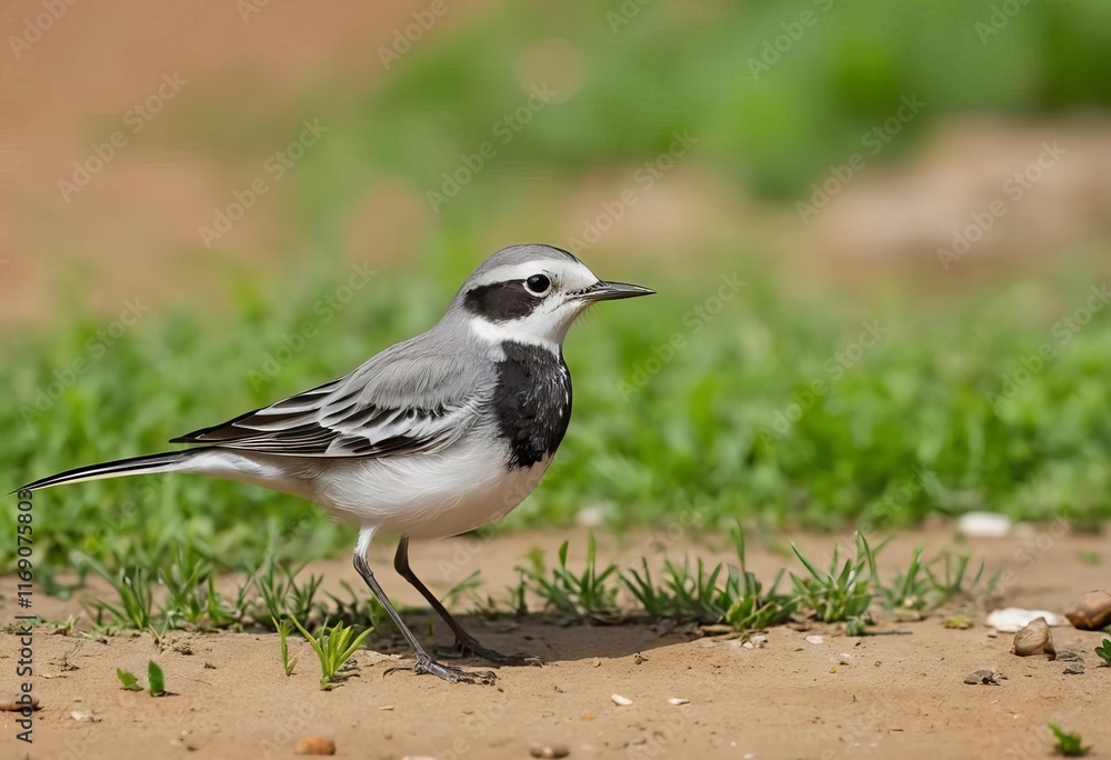 A white wagtail bird standing on the ground with a green and brown background A white wagtail bird standing on the ground with a green and brown background