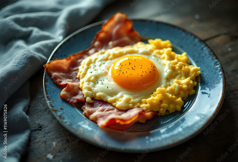 a scrambled egg with sliced bacon ham on a plate. a scrambled egg with sliced bacon ham on a plate.