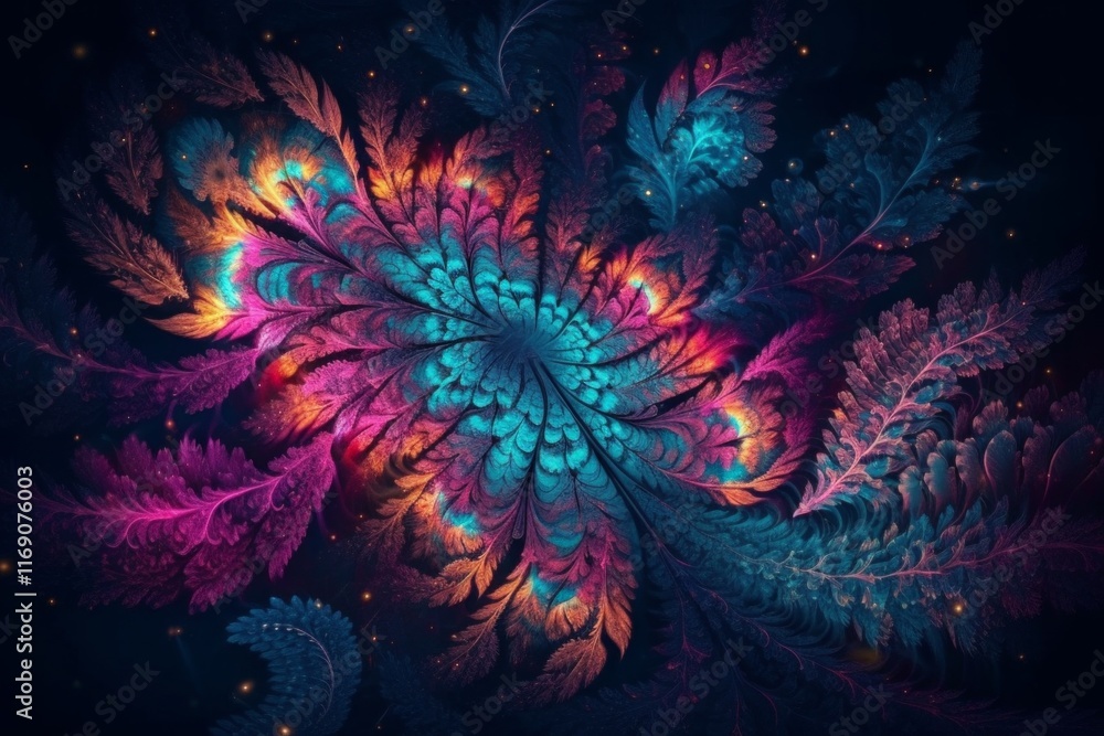 Obraz premium Abstract art with a flower in the middle, surrounded by glowing leaves in shades of pink, blue and orange. AI generative. .