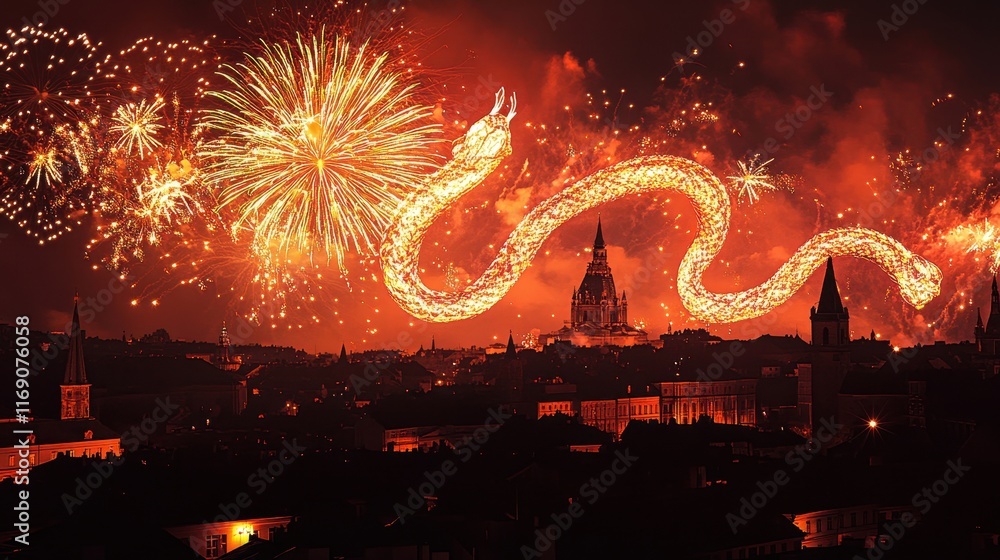 Vibrant Firework Display with Snake Shape at Night Vibrant Firework Display with Snake Shape at Night