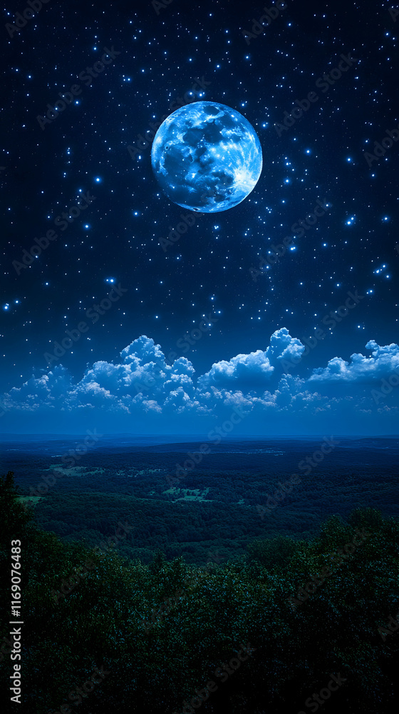 Naklejka premium Full moon over a dark landscape at night with stars and clouds.