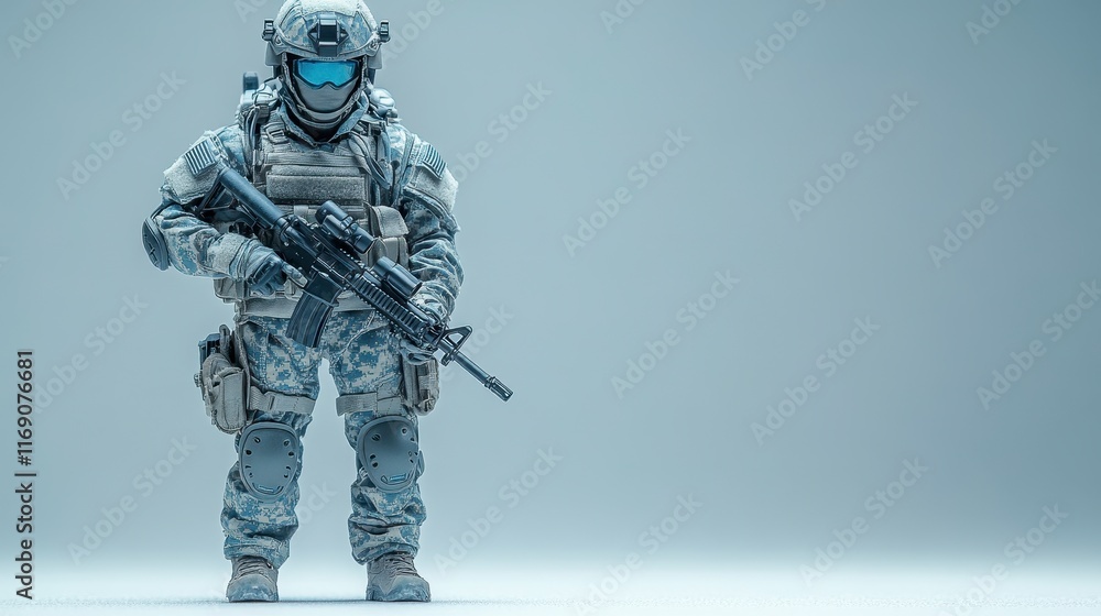 Futuristic soldier in camouflage uniform holding rifle. Futuristic soldier in camouflage uniform holding rifle.