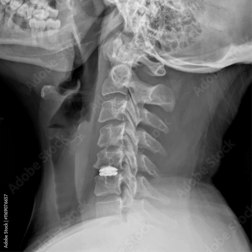 Neck X-ray of a patient undergoing Cervical Microdiscectomy and Cervical Disc Prosthesis for Medical Research and Teaching. Vector illustration.
