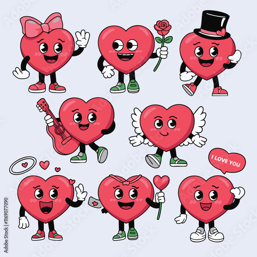 Set of illustrated cartoon heart characters showing various expressions and romantic themes, ideal for Valentine's designs and creative projects. photo