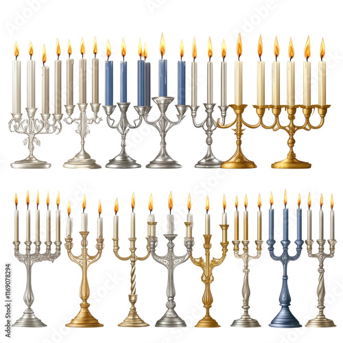 Set of traditional golden and silver menorah with candles collection isolated on transparent background. photo