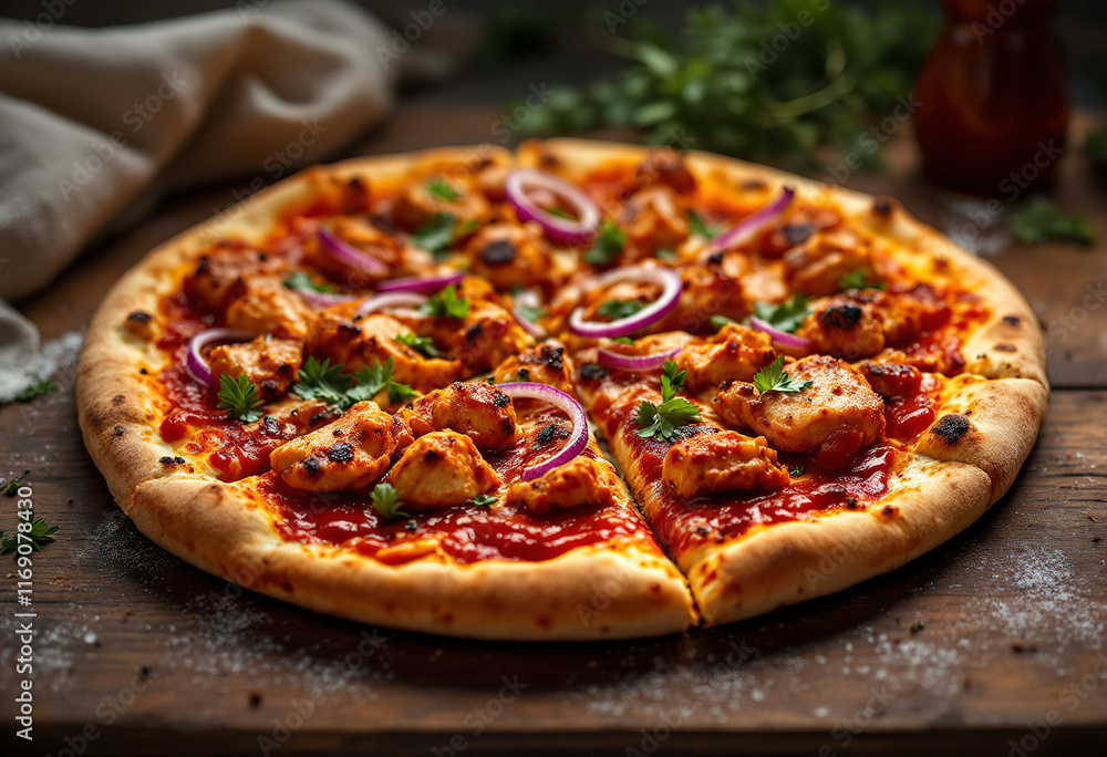 Barbeque chicken pizza with hot sauce and red onion Barbeque chicken pizza with hot sauce and red onion