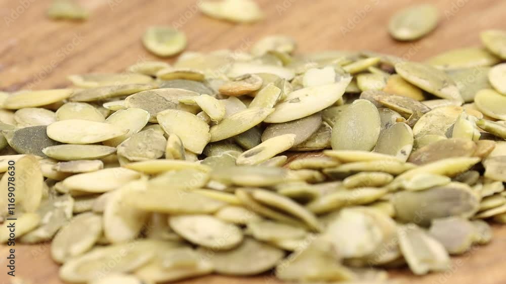 Rotating close-up of peeled pumpkin seeds on a wooden surface. Rotating close-up of peeled pumpkin seeds on a wooden surface.
