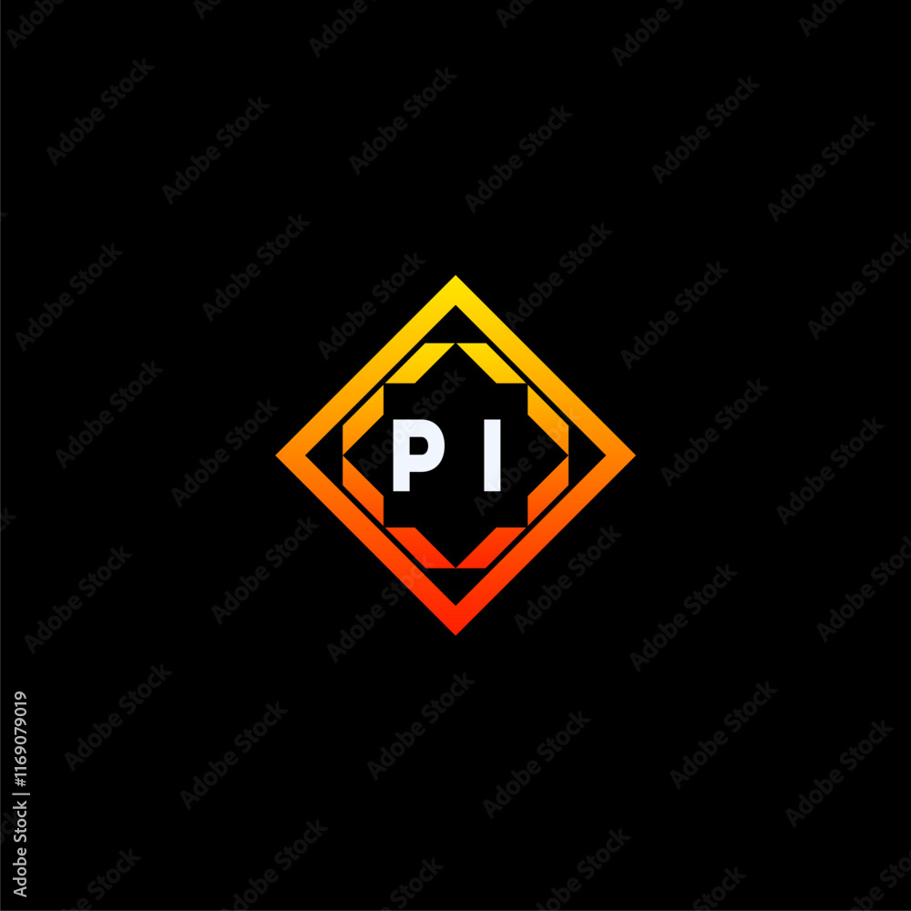 PI initials dynamic geometric logo design features a bold lettering sign in an orange and black color scheme, displayed against a dark background PI initials dynamic geometric logo design features a bold lettering sign in an orange and black color scheme, displayed against a dark background