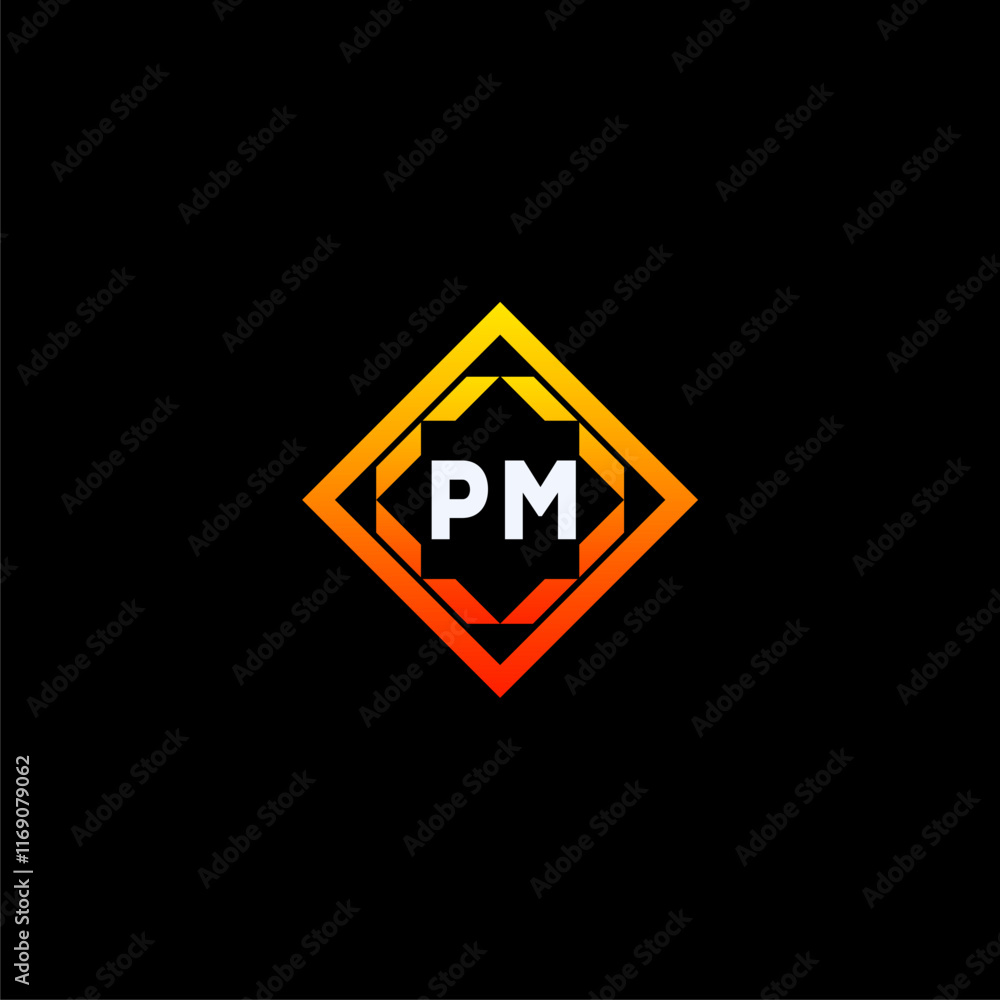 PM initials dynamic geometric logo design features a bold lettering sign in an orange and black color scheme, displayed against a dark background PM initials dynamic geometric logo design features a bold lettering sign in an orange and black color scheme, displayed against a dark background