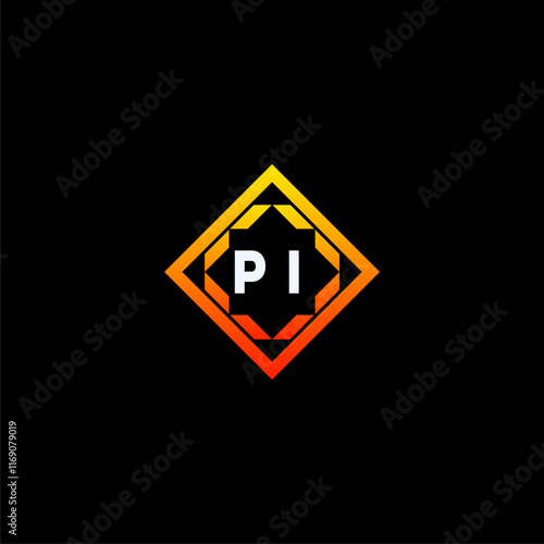 PI initials dynamic geometric logo design features a bold lettering sign in an orange and black color scheme, displayed against a dark background